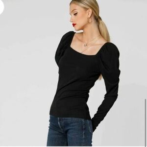 Bobi Los Angeles Black Square Neck Shirred Long Sleeve Top | Size XS